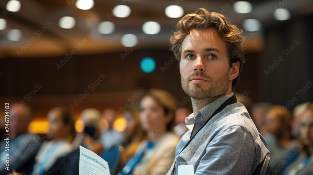 A focused young man with a serious expression at a professional event. A focused young man with a serious expression at a professional event.