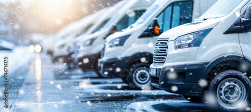 Row of white delivery vans on winter day, company transport service concept, copy space