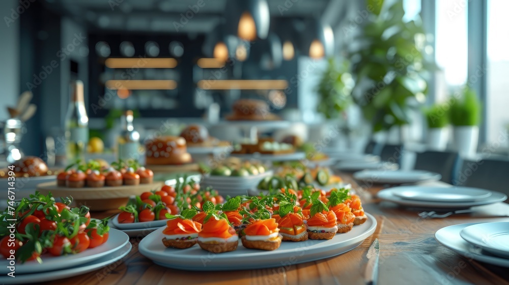 Elegant Office Catering Spread, array of gourmet canapés artistically arranged on plates for an office event, showcasing a blend of vibrant colors and fresh ingredients