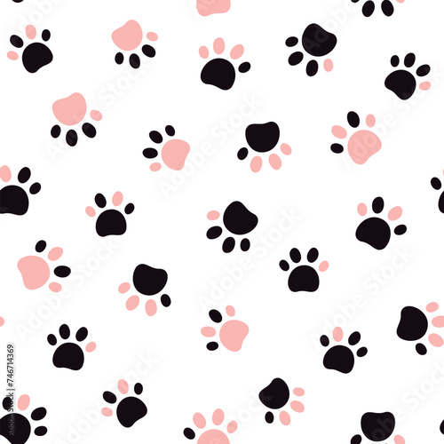  Cute seamless pet paw pattern. Cat footprint on white background. Vector illustration. It can be used for wallpapers, wrapping, cards, patterns for clothes and other.