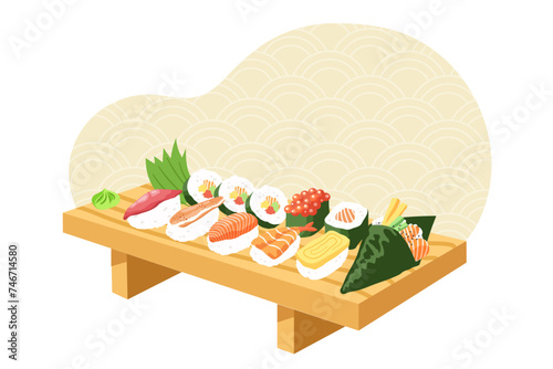 Set of different types of sushi on wooden sushi plate with Japanese style background. Concept of restaurant, cooking, delicious, traditional food, Harte cuisine. Flat vector illustration.