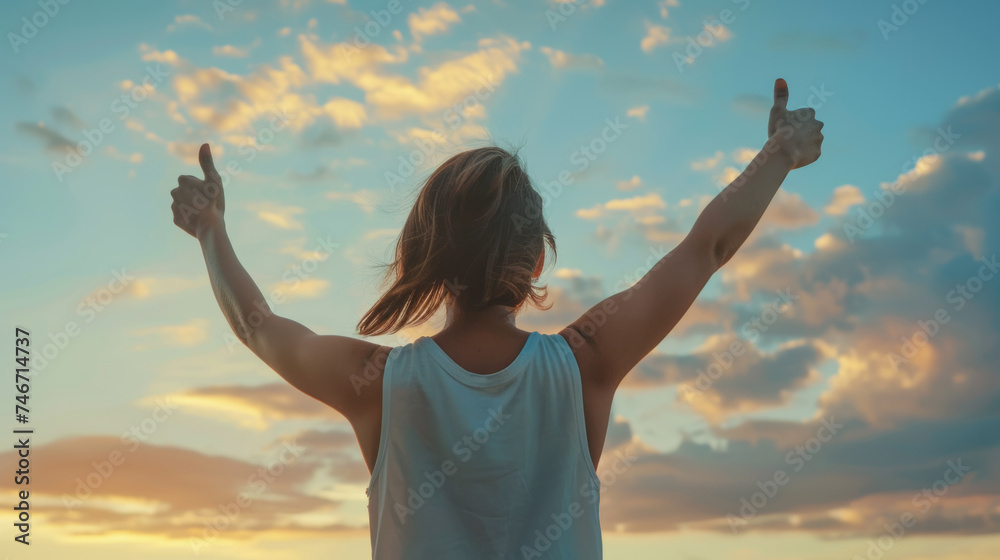 a person from behind, raising their arms with thumbs up towards the sky as the sun sets or rises, embodying a sense of accomplishment and positivity. a person from behind, raising their arms with thumbs up towards the sky as the sun sets or rises, embodying a sense of accomplishment and positivity.
