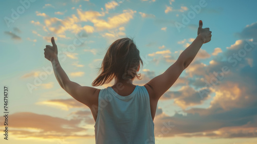a person from behind, raising their arms with thumbs up towards the sky as the sun sets or rises, embodying a sense of accomplishment and positivity.
