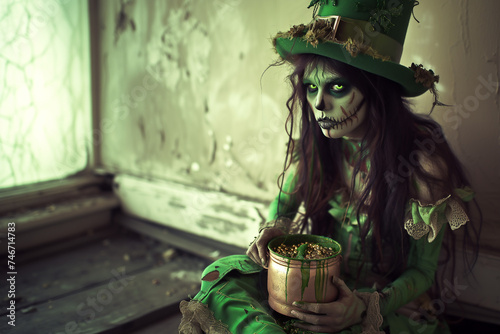 Leprechaun, femme farfadet zombi habillé de vert avec son chaudron trésor de pièces d'or, symbole de la St Patrick ou Patrice, 17 mars, symbole de chance, fond  ave espace négatif pour texte copyspace photo