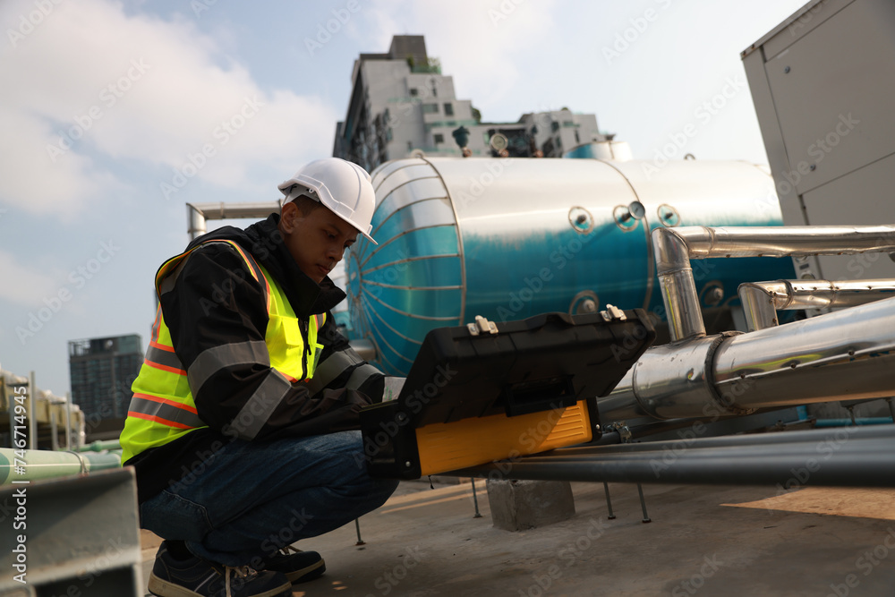 Male Mechanical engineer working with laptop inspecting quality ventilation, and air conditioning at the rooftop of building. Male technician maintenance pipe system for ventilation of the cooling sys