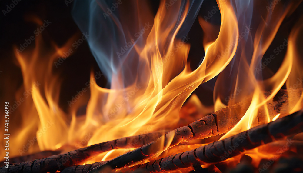 Close up red and orange fire flames and sparks, bonfire, burning logs campfire Close up red and orange fire flames and sparks, bonfire, burning logs campfire