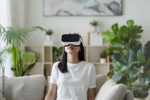 Relaxing in room, woman enjoys VR experience, blending thome comfort with cutting-edge technology photo