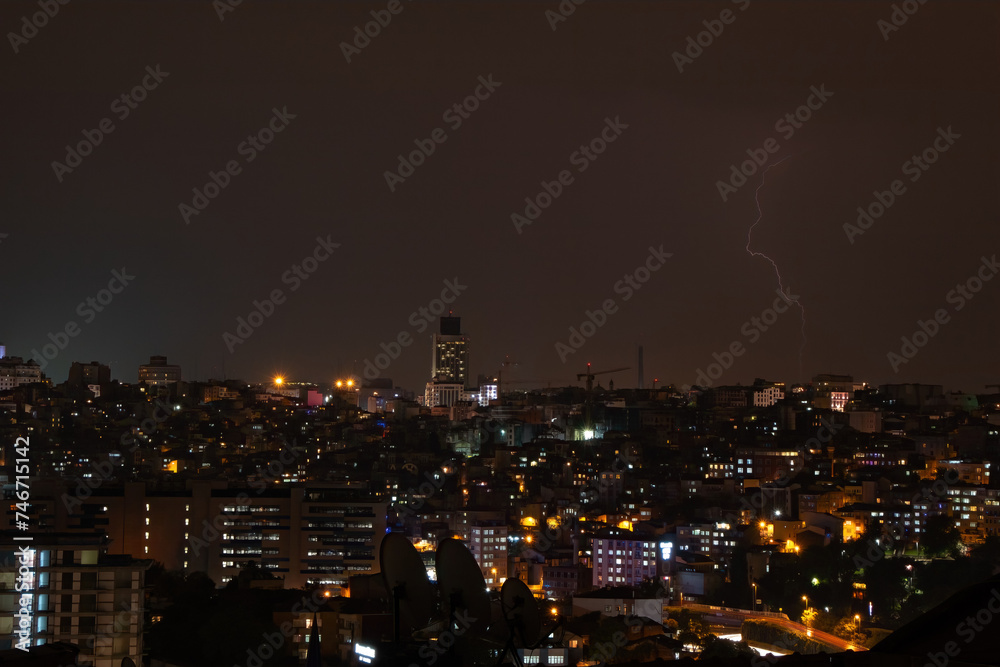 A powerful electric shock hits the city center with multiple lightning strikes in Istanbul.
