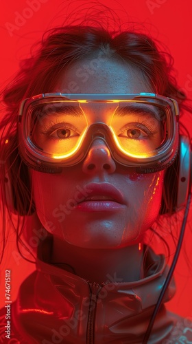 Girl in 3d glasses of virtual reality.Businesswoman portrait in vr glasses headset, cyber world and digital data.