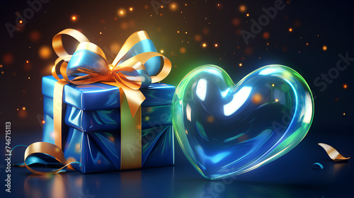 Fancy blue gift box with a stylish ribbon on it and a transparent heart besides it. photo