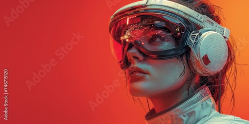 Girl in 3d glasses of virtual reality.Businesswoman portrait in vr glasses headset, cyber world and digital data.