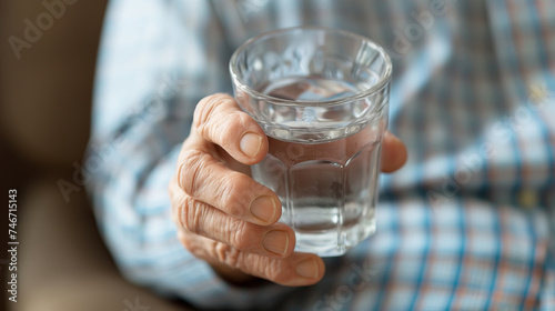 Trembling hand of an elderly man tightly hold glass of water. Parkinson's disease symptom