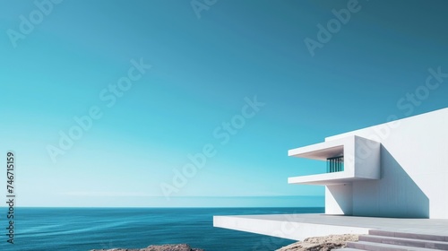Vacation Home.exterior of contemporary residence with furniture illuminated with lights located close to sea against blue cloudy sky © Amonthep