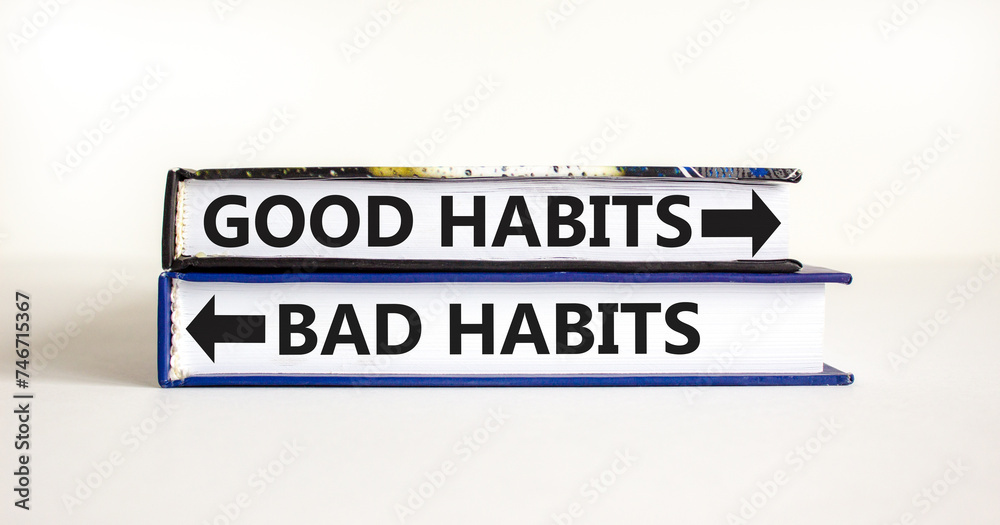 Good or bad habits symbol. Concept word Good habits Bad habits on beautiful books. Beautiful white table white background. Business good or bad habits concept. Copy space.
