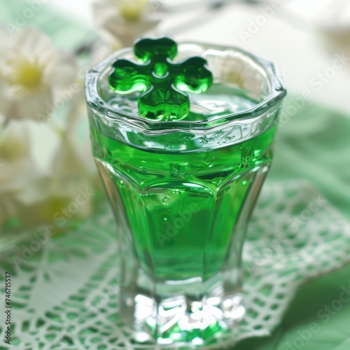 st patricks festive green drink with shamrock on blurry background