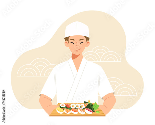 Japanese chef smiling and holding sushi set. Concept of Japanese food, testy, delicious, cooking, restaurant, traditional food, cuisine. Flat vector illustration cartoon character.