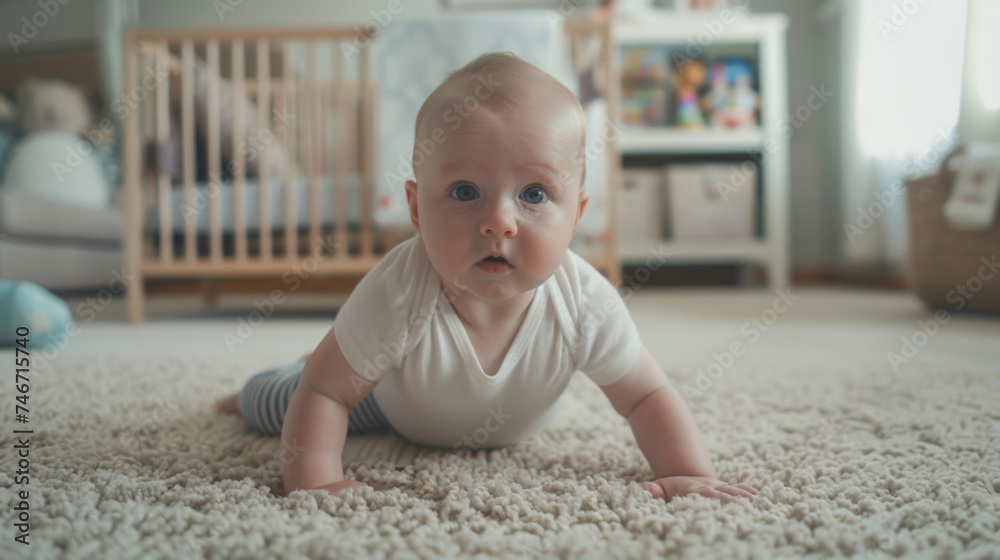 A curious baby crawls on a soft carpet in a well-equipped nursery, surrounded by toys and a plush teddy bear.