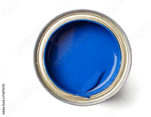 Farbdose mit blauer Farbe isoliert auf weißen Hintergrund, Freisteller,Draufsicht 