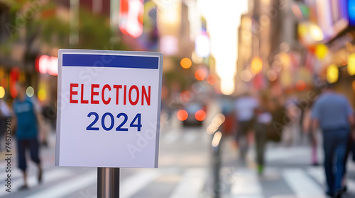 Street sign announcing 'Election 2024' captures attention amidst the blurred urban backdrop, signaling the upcoming political event