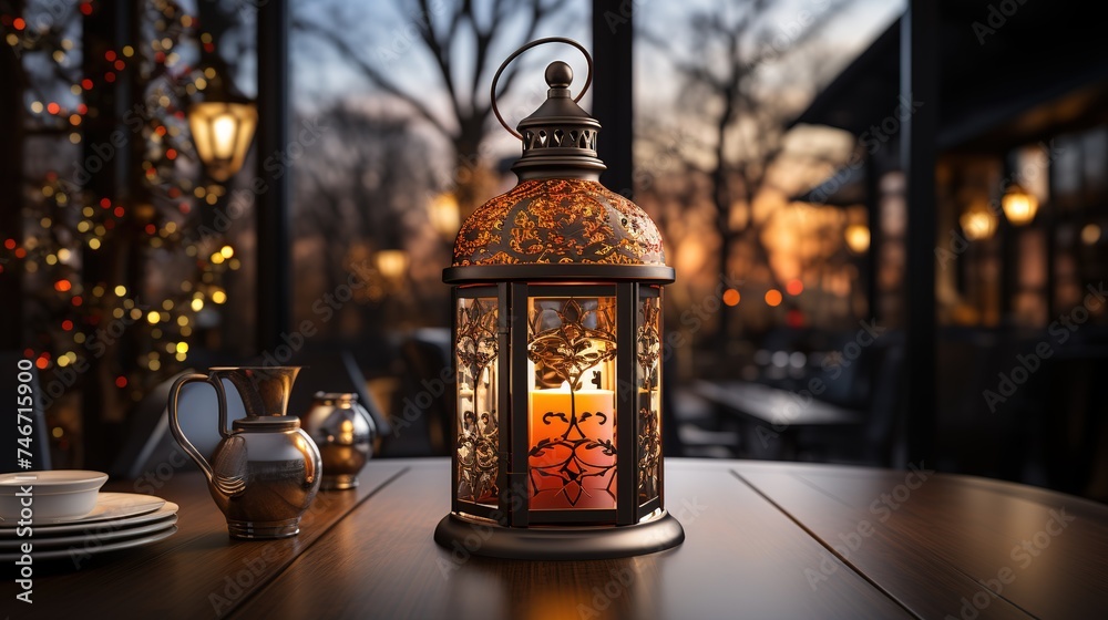 christmas lantern on a table and tree in a background, in the style of spectacular backdrops, vibrant and lively hues - obrazy, fototapety, plakaty 