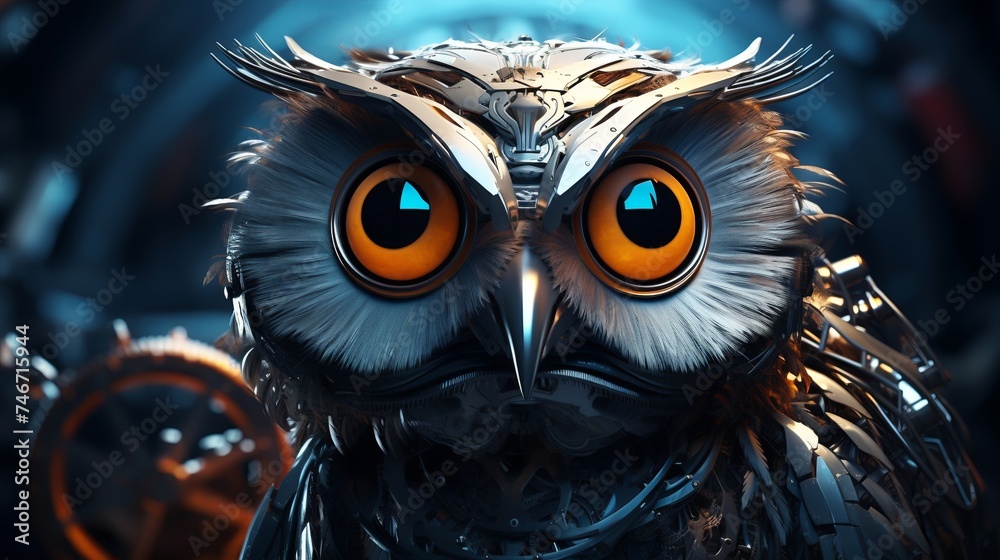 realistic. An Astrophysicist robot with an owl head, wisely unraveling the secrets of black holes and dark matter. , cinematic style. - obrazy, fototapety, plakaty 