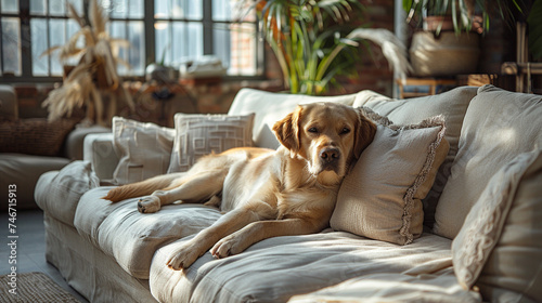 Favorite pet dog lies on the sofa in the living room. Difficulties of keeping a dog in the house.