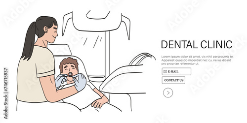 Kid visit dentist office with dental decay and feel pain in teeth or jaw. Vector illustration of character going to see dentist to put filling or tooth extraction. Boy with toothache or put brackets.