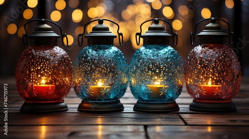 christmas lanterns on wooden table and christmas tree, in the style of spectacular backdrops, colorful whimsy, luminous pointillism, colourful, night photography photo