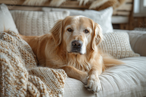 Favorite pet dog lies on the sofa in the living room. Difficulties of keeping a dog in the house.