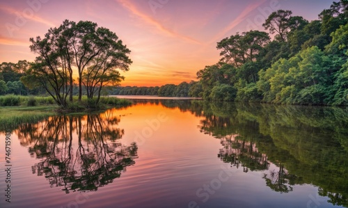 beauty of nature unfolds as the sun dips below the horizon, casting a magical light over the mirror-like lake that perfectly reflects the silhouettes of the lush trees
