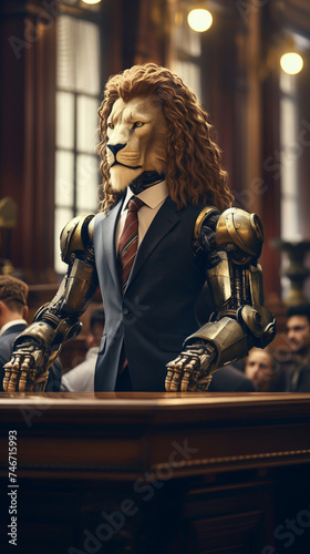 A robot with a lion head, defending clients in court with a commanding and noble presence., cinematic style