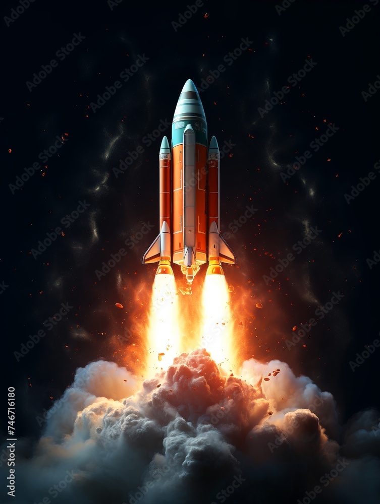 Obraz premium A powerful space shuttle erupts in a blaze of flames and smoke as it launches into the dark cosmos, dotted with stars.