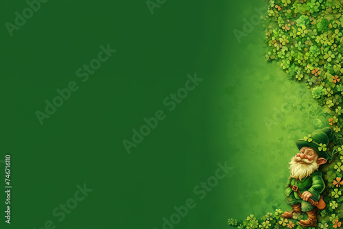 Leprechaun, vieux farfadet poilu habillé de vert entouré de trèfles à quatre feuilles, symboles de la St Patrick ou Patrice, 17 mars, symbole de chance, fond vert espace négatif pour texte copyspace photo
