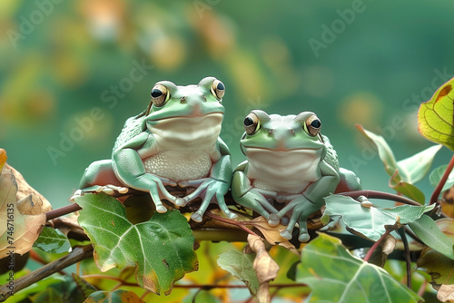 A pair of Australian green tree frogs on a tree branch.
