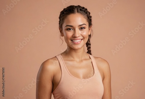 A sporty woman in a neutral tank top smiles at the camera. Her look is both athletic and stylish, ready for an active day.