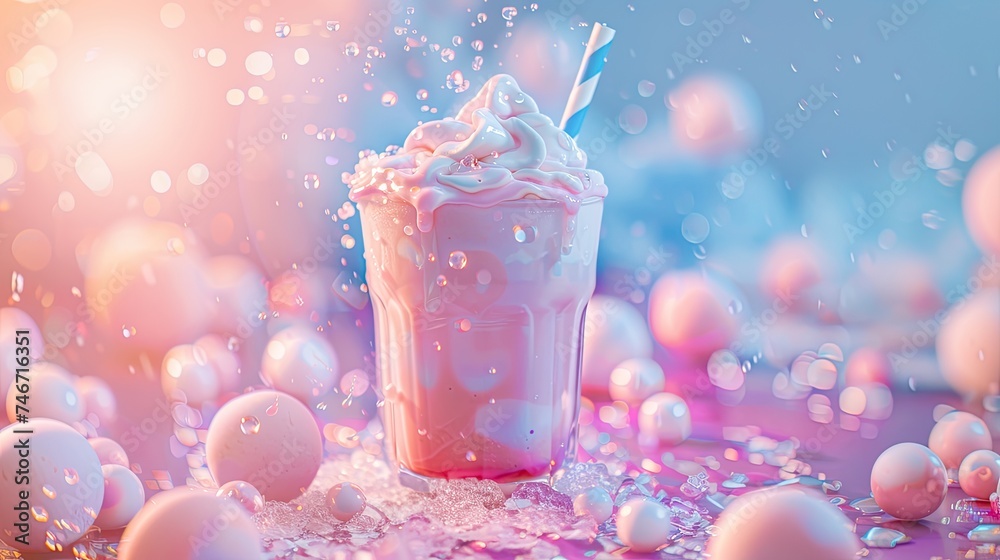 Pink milkshake on a blurred background in blue and pink tones. Smoothies with a straw, shining light in the background, bokeh and edible balls Pink milkshake on a blurred background in blue and pink tones. Smoothies with a straw, shining light in the background, bokeh and edible balls