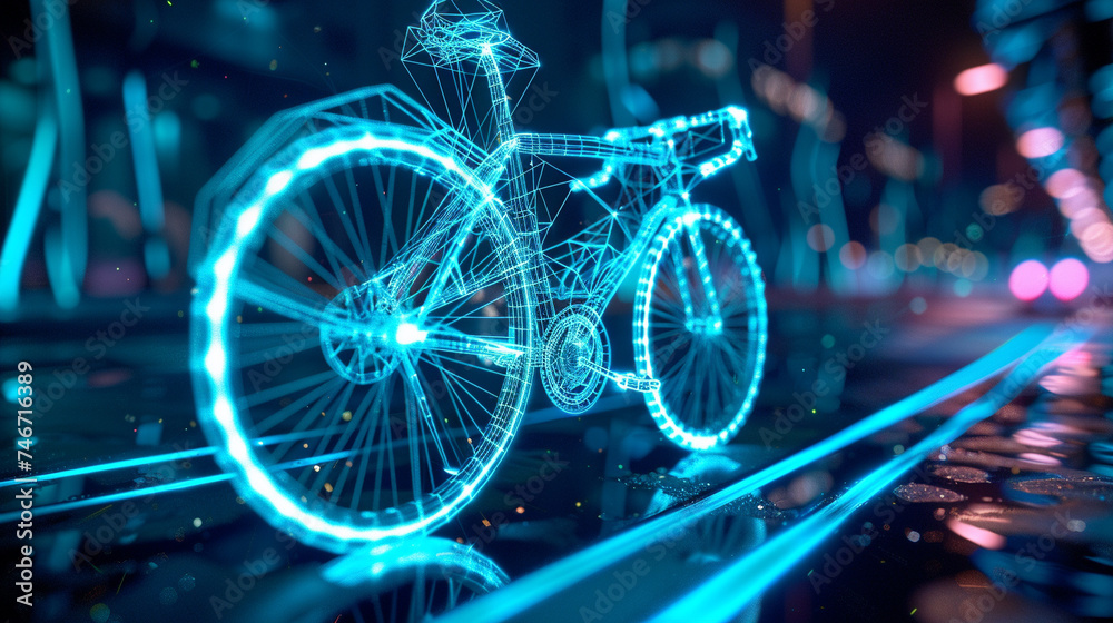 3d render of a wireframe bicycle with wheels spinning in a holographic glow - obrazy, fototapety, plakaty 