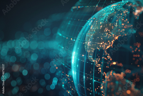 3d render of a holographic wireframe globe with animated weather patterns