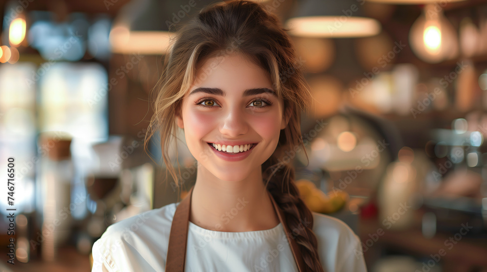 Radiant Female Waitress in a Cozy Café Environment, Hospitality with a Smile