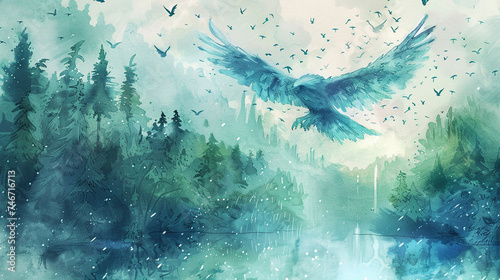 Watercolor eagle flying over a misty pine forest photo