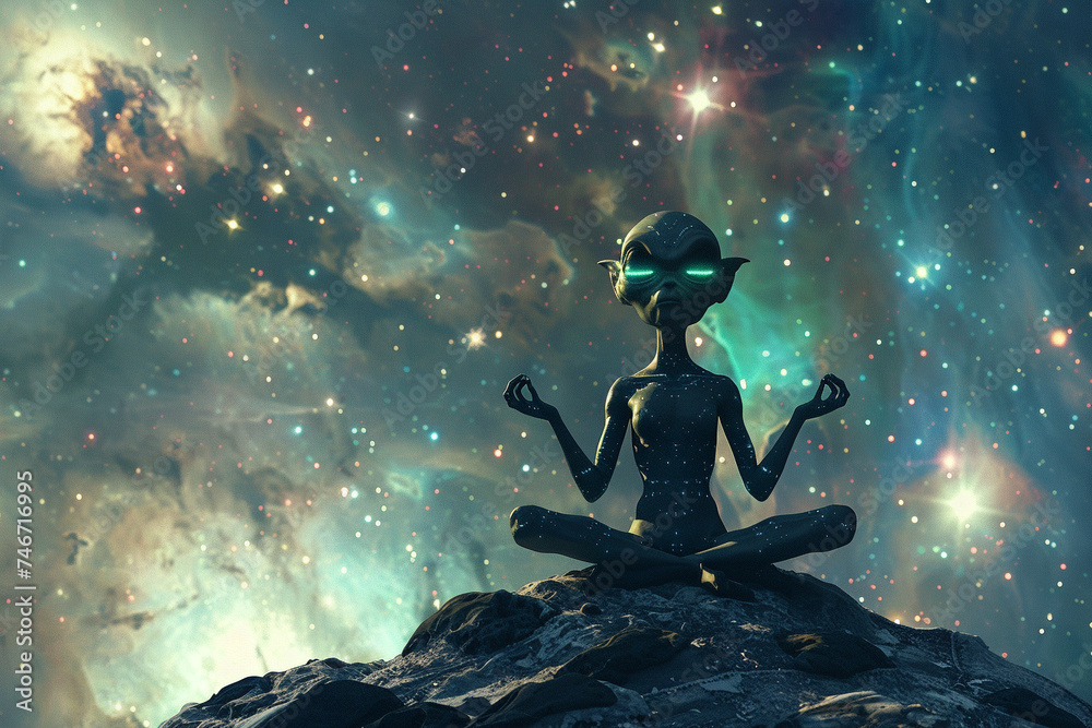 Aliens performing yoga in zero gravity blending mind body and space in a serene cosmic background Aliens performing yoga in zero gravity blending mind body and space in a serene cosmic background