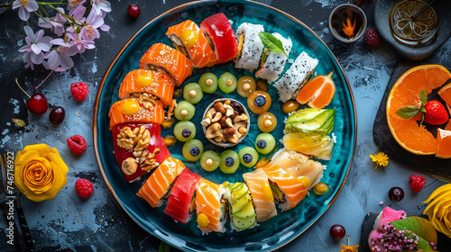 A vibrant shot of a sushi platter where traditional meets sweet with additions of sugared nuts and fruit glazes © pprothien