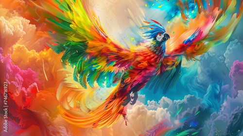 A vibrant painting of a mythical bird in flight its feathers a kaleidoscope of colors eyes gleaming with overexpressive delight photo