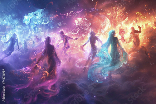 Alien landscape with ethereal beings exercising blending physical forms in a dance of colors and shapes