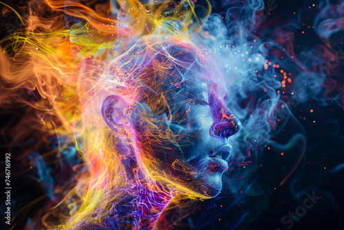 An abstract creature made of light its face an explosion of colors embodying the essence of overexpression