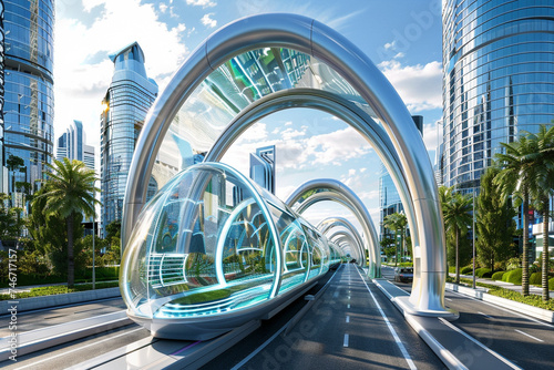 Futuristic transit system enclosed in glass arches weaving through a city with avant garde architecture at every turn photo
