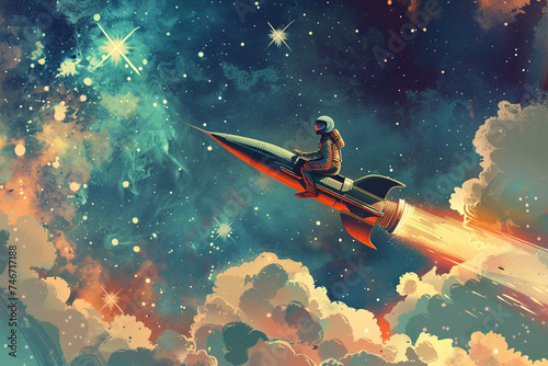 Retro delivery man on a mission riding a rocket through a stylized star filled sky