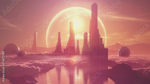 Retro futuristic landscape where atomic energy powers abstract geometric cities under a twilight sky #746717189