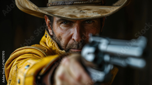 A cowboy in a yellow jacket aims a gun with a serious expression.