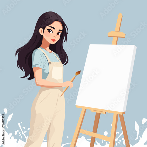 Vector flat illustration of a cartoon girl artist standing next to a wooden easel for painting.